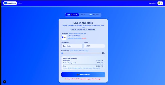 A "Launch Your Token" interface on the Base Minter platform, showing a form to deploy a token named "Base Minter" with symbol "BMNT" and a "Launch Token" button.