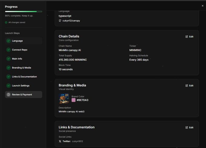 A dark-themed web interface showing a launch configuration wizard at 86% completion for 'MinMin canopy AI' with the ticker MINMINC, total supply 415,360,000, 10-second block time, and halving every 365 days.