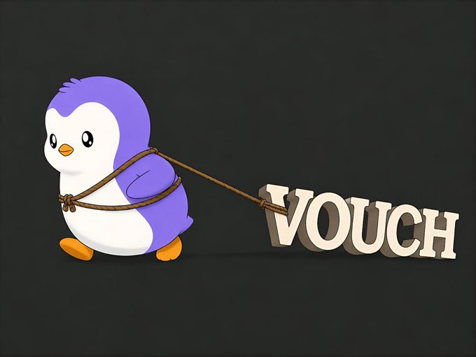 A cartoon penguin pulls the 3D word 'VOUCH' with a rope on a black background.