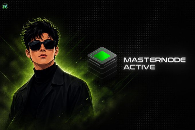 A digital illustration of a stylized man in sunglasses, accompanied by a server icon and text reading 'MASTERNODE ACTIVE'.