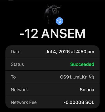 The image shows a successful Solana transaction confirmation for "-12 ANSEM" sent to address "CS91...mLKr" on July 4, 2026, with a minimal network fee of -0.000008 SOL. The receipt appears to document proof of a token airdrop, supporting the post's claim of distributing $ANSEM tokens to followers.