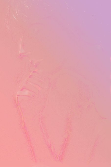A faded, washed-out photograph bathed in pink and magenta tones, appearing to show a person's silhouette or figure barely visible through the color overlay.