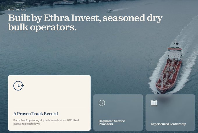A website header for Ethra Invest reading 'Built by Ethra Invest, seasoned dry bulk operators,' featuring a background image of a cargo ship.