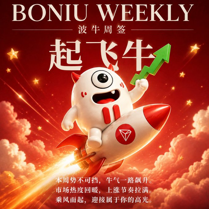 A cartoon white ox mascot with red horns rides a rocket soaring through a starry red sky, holding a green upward-pointing arrow, with bold text reading "BONIU WEEKLY" and "起飞牛" (Soaring Ox) alongside a Chinese fortune message wishing readers rising momentum and a lucky week. The image visually reinforces the post's theme of kicking off a lucky week with the playful "WaveOx" mascot symbolizing upward fortune and bullish energy.