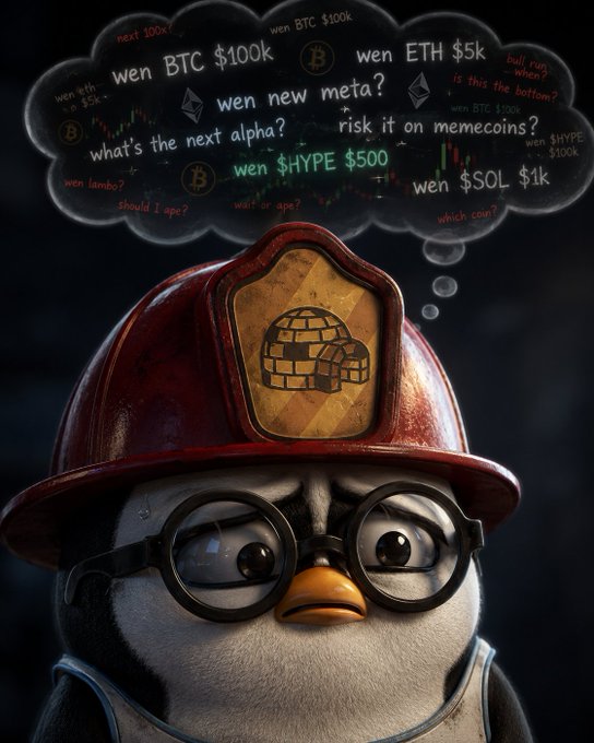A penguin character dressed as a firefighter with a red helmet bearing an igloo emblem and round goggles, looking worried beneath a thought bubble filled with crypto trading slang like 'wen BTC $100k', 'wen ETH $5k', 'wen new meta?', 'what's the next alpha?', 'risk it on memecoins?', 'wen $HYPE $500', and 'wen $SOL $1k'.