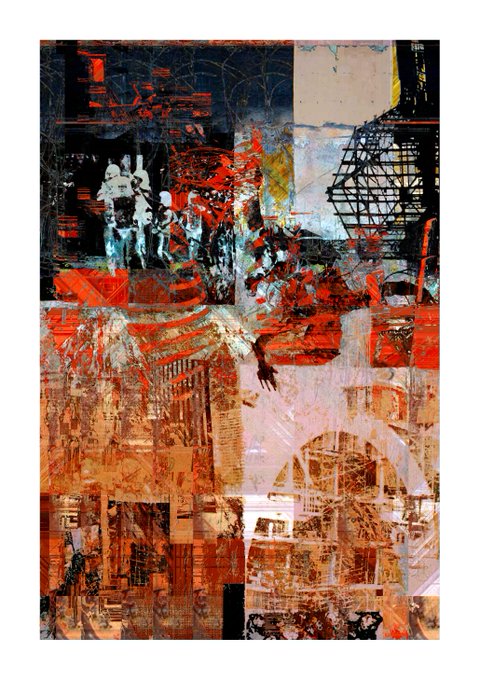 A mixed-media artwork with layered urban and architectural imagery, featuring dominant red, brown, and black tones with distressed textures and faint figures.