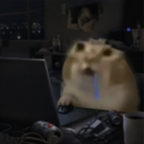 A large, smug-looking hamster with glowing blue eyes and drool sits confidently at a computer desk in a dark room, holding the mouse. The image humorously represents the boastful feeling of self-importance described in the caption, exaggerating the poster's ego about supposedly sparking the "cat coin" trend with a single tweet.