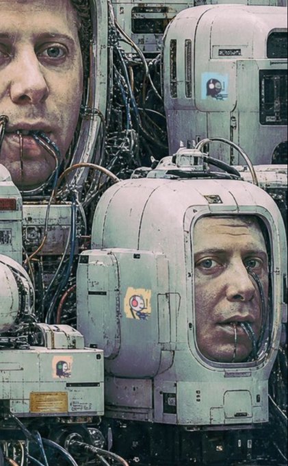 A dystopian sci-fi illustration showing human faces encased in cylindrical mechanical pods or capsules with wires and tubing, featuring small logo decals on the white metal casing.