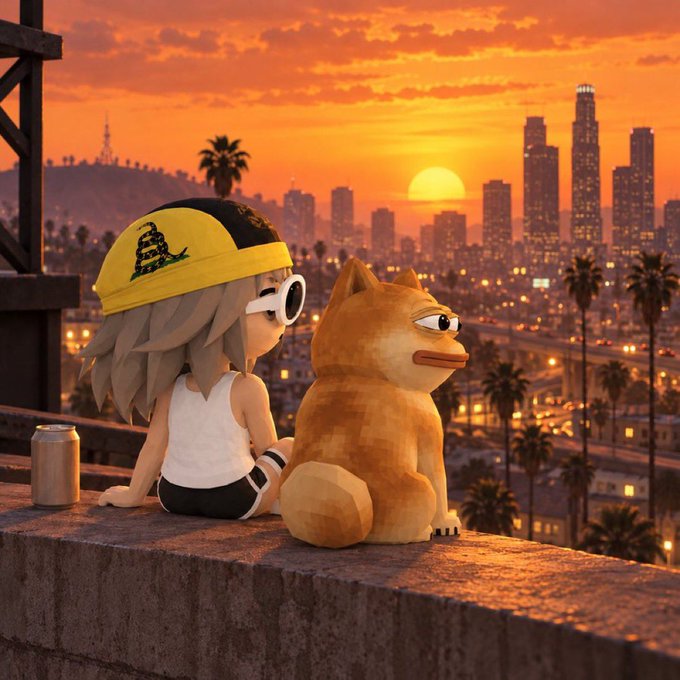 A blocky, pixelated 3D character wearing a Gadsden-style "Don't Tread on Me" cap sits alongside an orange Shiba Inu–inspired dog mascot atop a rooftop overlooking the Los Angeles skyline at sunset, while "AI Versions of Memecoins" trends upward like the setting sun, symbolizing the fusion of AI hype with classic crypto culture.
