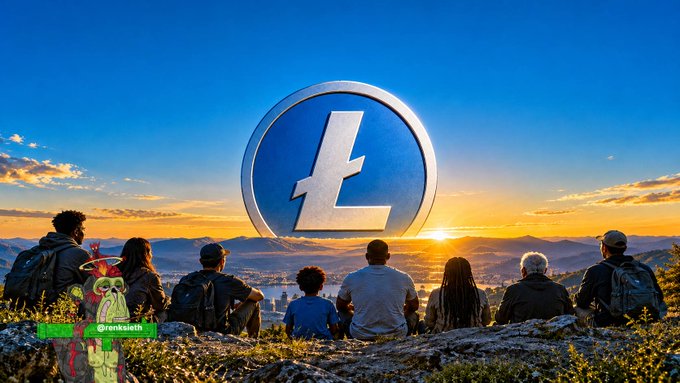 A diverse group of people sit on a hilltop watching a sunset, with a large Litecoin (L) logo in the sky and a cartoon frog character holding a 'Link health' sign in the bottom left corner.