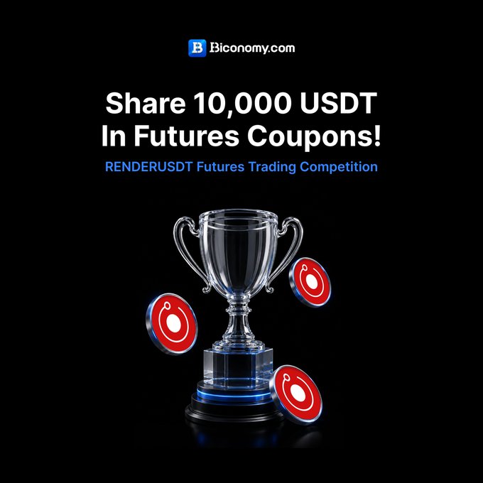 The image features a trophy cup with three red circles below it. The text reads "SHARE 10,000 USDT IN FUTURES Coupons!" followed by "RENDERUSDT Futures Trading Competition", which implies this is an event related to trading or investment opportunities in futures markets. There are also other terms related to the competition written around the image's content.