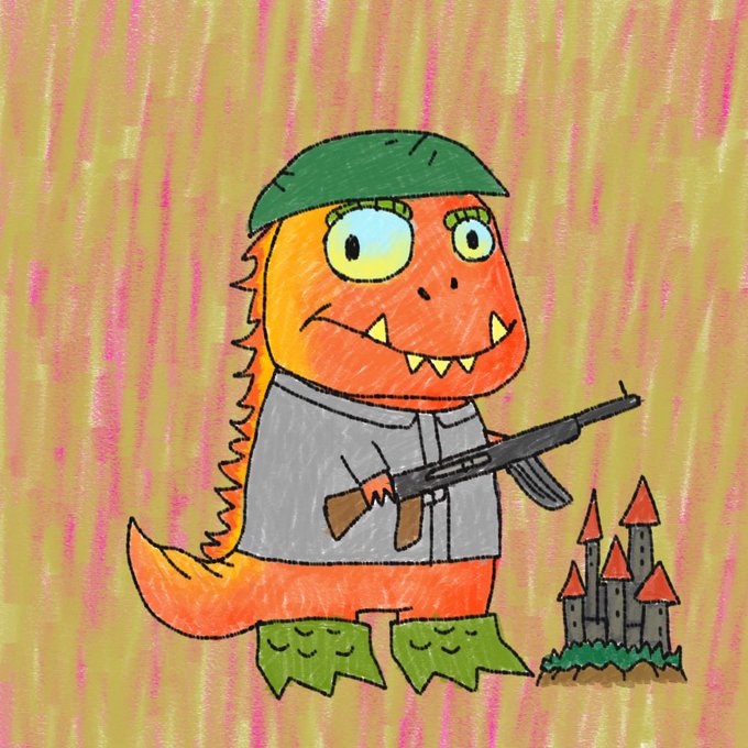 A cartoonish orange dinosaur wearing a green helmet and military jacket holds an AK-47 next to a small castle, fitting the cheerful "Gm Fam Have a nice day" greeting with a humorous, friendly tone.