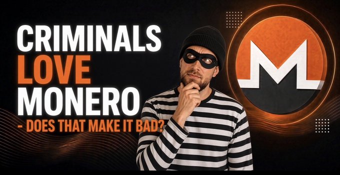 A YouTube thumbnail with text 'CRIMINALS LOVE MONERO - DOES THAT MAKE IT BAD?' featuring a man in a striped shirt, beanie, and black mask next to the Monero logo.
