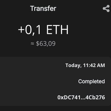 A cryptocurrency transfer confirmation screen displays a completed transaction of +0.1 ETH (≈ $63.09) sent today at 11:42 AM to wallet address 0xDC741...4Cb276, which appears to be used as proof of payment to participate in the $ROBFOX presale being advertised.