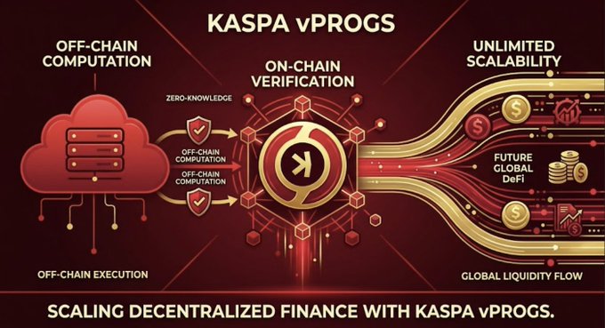 An infographic titled 'KASPA vPROGS' explaining how it scales decentralized finance through off-chain computation, on-chain verification, and unlimited scalability.