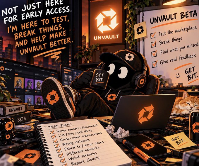 An illustrated promotional graphic for the 'UNVAULT BETA' featuring a black cartoon character in a cap drinking from a 'GET BIT' mug, surrounded by test plans, laptops, and a sleeping cat.