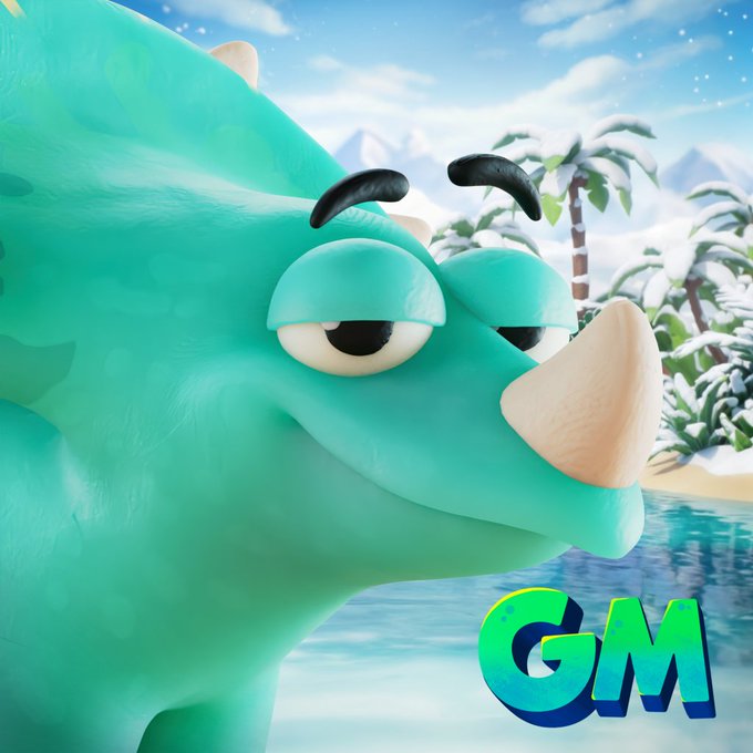 A 3D-rendered cartoon teal dinosaur-like creature with a large nose stands in a snowy landscape with palm trees, featuring a "GM" logo in the corner.