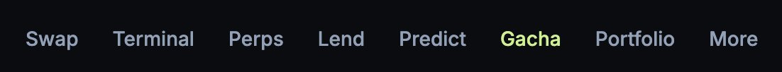 A dark navigation bar shows Jupiter's product menu with options: Swap, Terminal, Perps, Lend, Predict, Gacha (highlighted in yellow-green), Portfolio, and More. The highlighted "Gacha" tab directly reflects the post's excitement about Jupiter's new collectibles trading feature, underscoring the platform's expansion into a multi-service "super app."