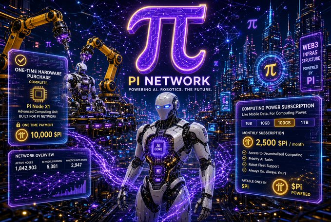 A promotional graphic for 'Pi Network' featuring a humanoid robot, the Pi symbol, and details about Pi Node X1 hardware purchase for 10,000 Pi and computing power subscriptions for 2,500 Pi/month.
