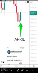 A trading chart for BTCUSD on a 1-month timeframe shows a large green arrow pointing upward beneath a "Peact" (Benjamin Cowen) post dated April, illustrating a Bitcoin price rebound two months after the cited bearish calls.