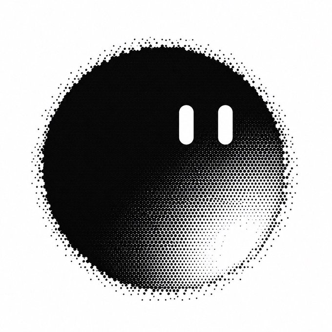 A black circular graphic with a halftone dot pattern and a white pause symbol in the center.