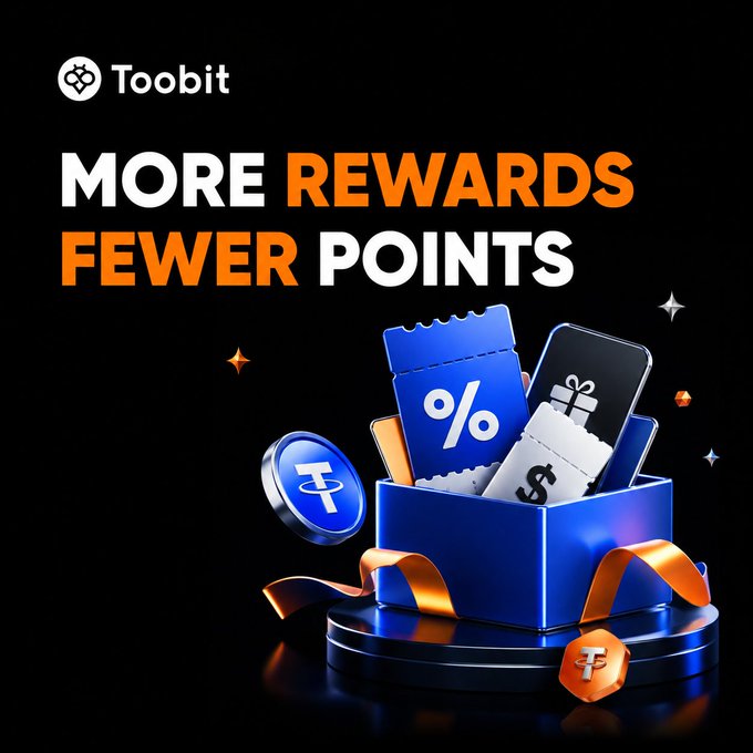 A promotional graphic for Toobit reads 'MORE REWARDS FEWER POINTS' above a blue gift box filled with digital rewards including percentage signs, coins, and tickets.