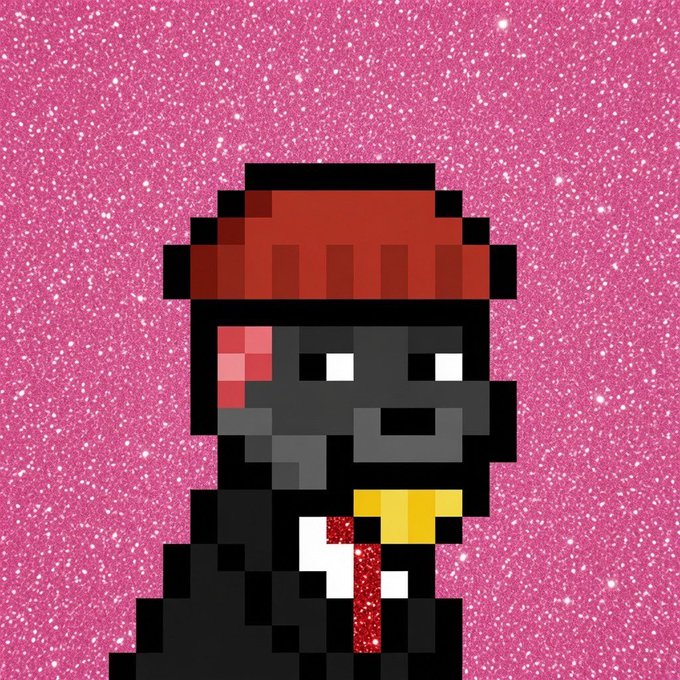 A pixel art portrait of a black bear wearing a red hat and holding a yellow honey jar, set against a sparkly pink background.