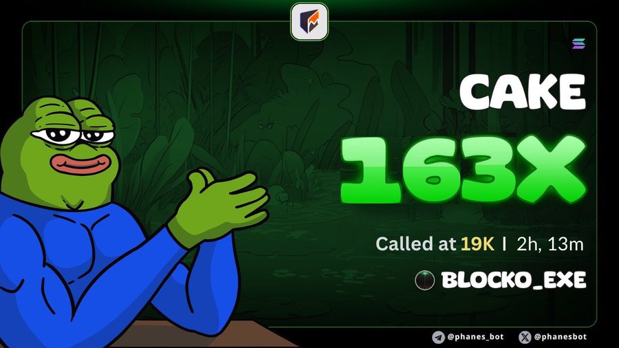 A Pepe the Frog meme graphic celebrating 'CAKE 163X' called at 19K, credited to 'BLOCKO_EXE' and '@phanes_bot'.