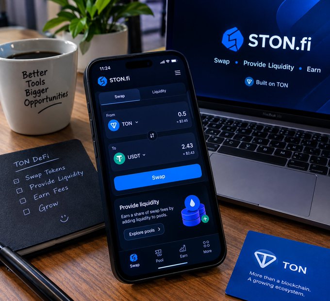 A marketing setup showing a smartphone displaying the STON.fi DeFi app with a TON to USDT swap interface, alongside a laptop, notebook with TON DeFi checklist, coffee mug, and TON promotional materials.
