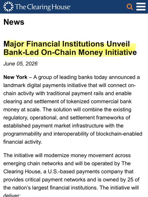 A news article from The Clearing House dated June 05, 2026 announces a major bank-led On-Chain Money Initiative by leading financial institutions including J.P. Morgan, Citi, and Bank of America, with highlighted text reading "Major Financial Institutions Unveil Bank-Led On-Chain Money Initiative" now powered by $QNT.