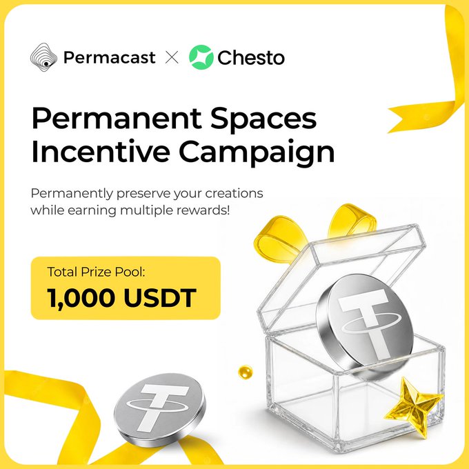 A promotional graphic announces the Permacast × Chesto "Permanent Spaces Incentive Campaign," featuring a 1,000 USDT total prize pool, with imagery of USDT coins and a gold star inside a transparent box. The campaign aligns with the post's theme of treating creator content as permanent by incentivizing users to preserve their creations on-chain while earning rewards.