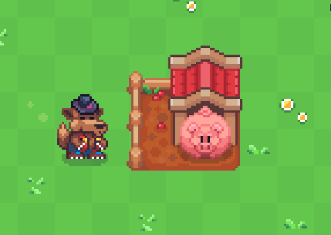A pixel art scene showing a small anthropomorphic dog character wearing a top hat standing next to a pig-themed house/building on a green grassy field.