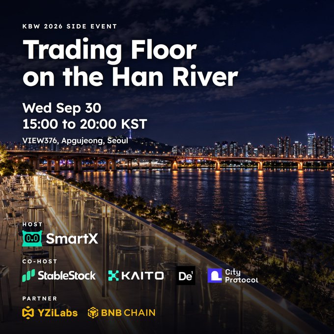 Event poster for 'Trading Floor on the Han River' on Wed Sep 30, 15:00 to 20:00 KST, hosted by SmartX with partners including YZiLabs and BNB CHAIN.