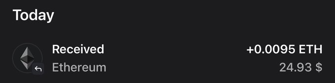 A dark-themed notification shows 'Today' with a received Ethereum transaction of +0.0095 ETH valued at $24.93.