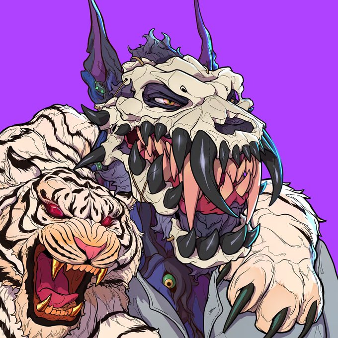 A stylized illustration of a menacing figure wearing a white tiger skull mask with large fangs, accompanied by a roaring white tiger with red eyes, set against a bright purple background.