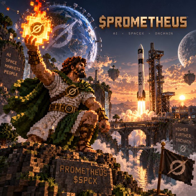 A pixel art promotional image titled '$PROMETHEUS' featuring a Greek god-like figure holding fire, with a SpaceX rocket launching in the background and text reading 'AI × SPACEX × ONCHAIN'.
