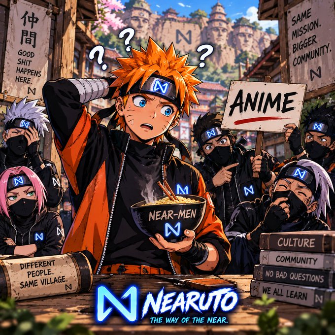 An anime-style parody artwork features an orange-haired character confused by a 'NEAR-MEN' noodle bowl, with the branding 'NEARUTO: THE WAY OF THE NEAR' displayed below.