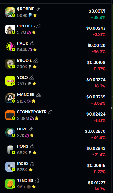 A mobile cryptocurrency tracker displays a list of meme coins including $ROBBIE at $0.00171 (+39.9%), $PIPEDOG at $0.00243 (-2.81%), $PACK at $0.00126 (-36.3%), and $BRODIE at $0.00108 (-0.37%), among others. The image visually supports the post's metaphor by highlighting $ROBBIE as the singular green-gain among a list of predominantly red-loss tickers, representing the "one green bloom" standing out in a sea of declining coins.