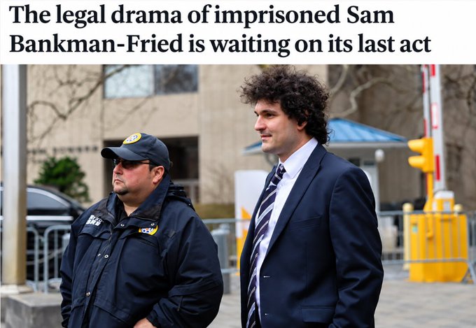 A news headline reads 'The legal drama of imprisoned Sam Bankman-Fried is waiting on its last act' above a photo of the disgraced FTX founder in a suit walking alongside a uniformed officer.