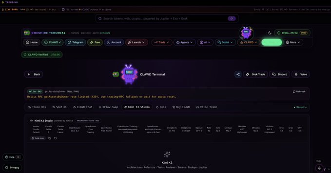 A screenshot of the Cheshire Terminal interface showing the CLAWD Terminal page with navigation tabs including Home, CLAWD, Telegram, Free, Account, Launch, Trade, Agents, AI, Social, CLAWD, and More, displaying Kimi K3 Studio tools.