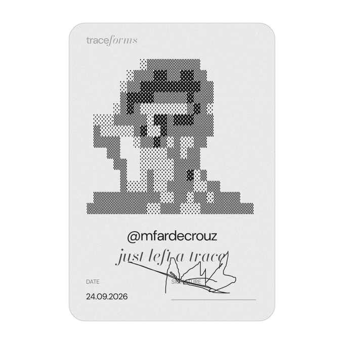 A "traceforms" card featuring a pixelated black and white image of a person wearing sunglasses, dated 24.09.2026, with the text "@mfardecrouz just left a trace" and a signature.