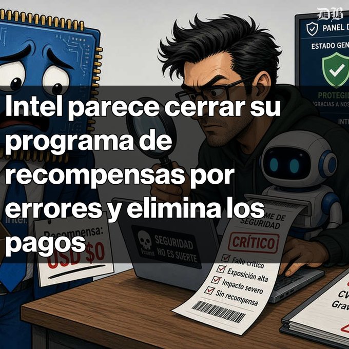 An AI-generated illustration in Spanish showing a person examining a laptop with a magnifying glass alongside a blue CPU character and a small robot, with text overlays reading 'Intel parece cerrar su programa de recompensas por errores y elimina los pagos' and labels like 'SEGURIDAD NO ES SUERTE' and 'CRÍTICO'.