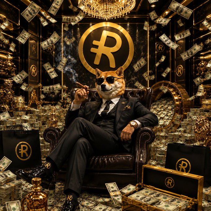 The image features a dog dressed as a businessman sitting in an office chair surrounded by stacks of money. The dog appears to be smoking a cigar, giving off an air of sophistication and power. The scene suggests that the dog is part of a luxurious lifestyle or business setting, possibly related to real estate or finance.