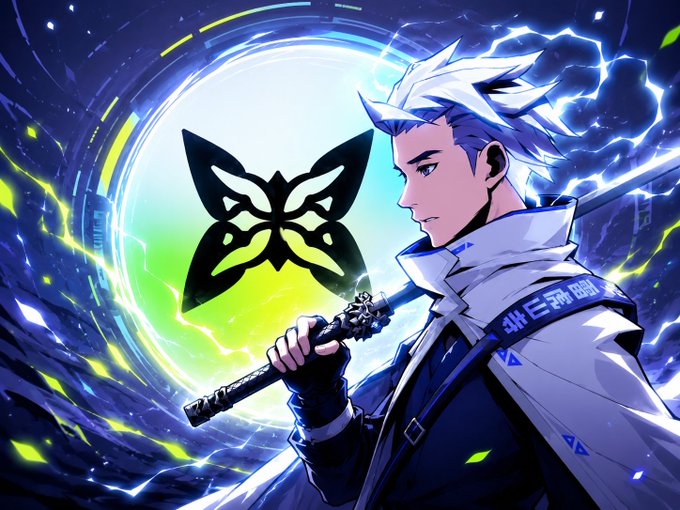 An anime-style character with white hair holds a katana in front of a glowing circular emblem, with electric blue and green energy crackling around him. The image visually represents the intersection of cutting-edge technology and the $QUIP project referenced in the post about combining AI, blockchain, and quantum computing.