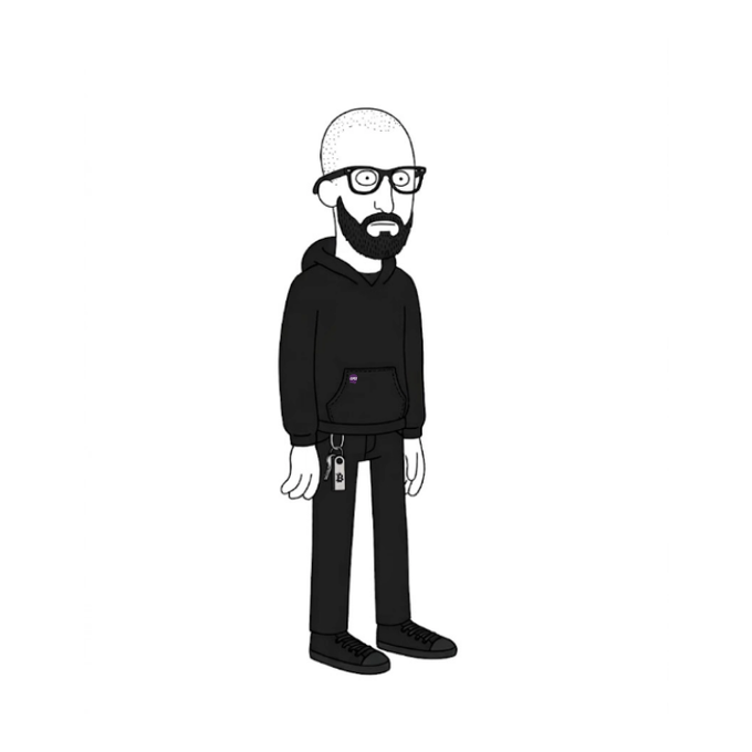 A black-and-white illustration depicts a bald, bearded man wearing glasses, a black hoodie, and keys hanging from his pocket.