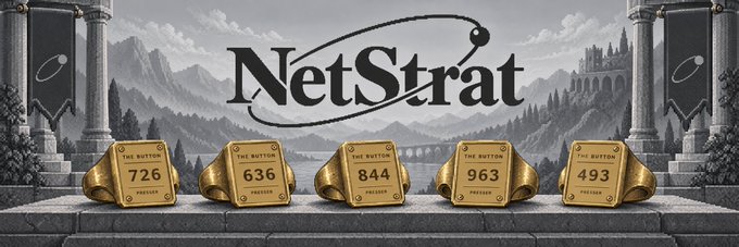 A banner for 'NetStrat' showing five gold 'PRESSED BUTTON' rings with frequencies: 726 MHz, 636 MHz, 844 MHz, 963 MHz, and 493 MHz.
