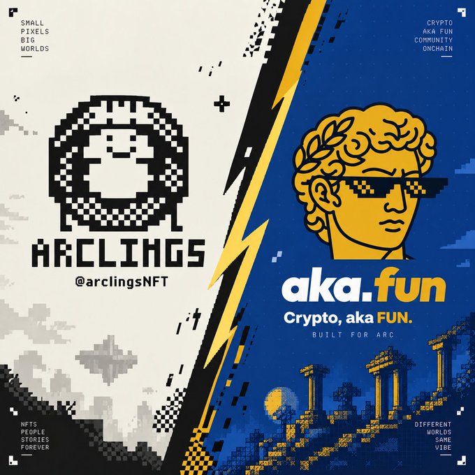 A promotional graphic split into two sides: the left side features 'ARCLINGS' (@arclingsNFT) with a pixelated character, and the right side shows 'aka.fun' with the tagline 'Crypto, aka FUN. BUILT FOR ARC' alongside a golden Greek-style statue wearing pixelated sunglasses.