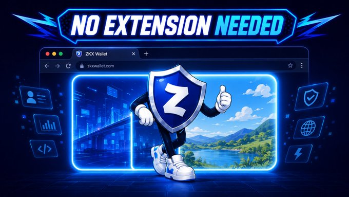 A neon-styled promotional graphic reads "NO EXTENSION NEEDED" and shows a browser window for "ZXX Wallet" (zxxwallet.com) featuring an animated shield mascot with the letter "Z" stepping through a portal.