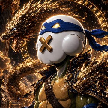 A 3D rendered image shows a white spherical character wearing a blue ninja mask and a gold shell-like armor, with an X over its mouth, set against a fiery background with a dragon.