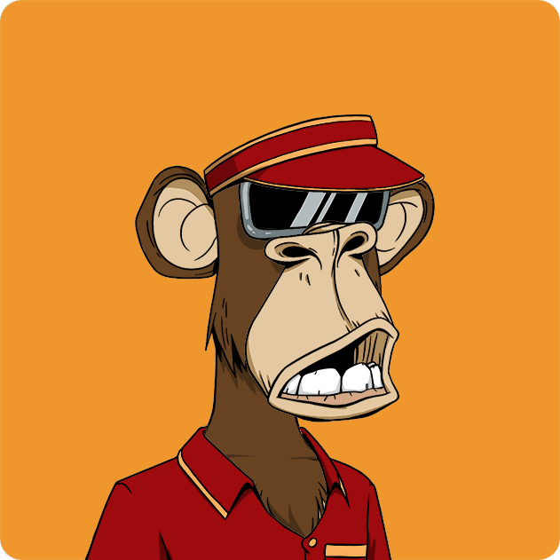 A grumpy cartoon ape wearing a red visor cap and polo shirt, representing Bored Ape Yacht Club #1223 purchased for 7.9 ETH. The image directly illustrates the NFT from the collection mentioned in the post, depicting the classic "Return to Monke" bored ape aesthetic.